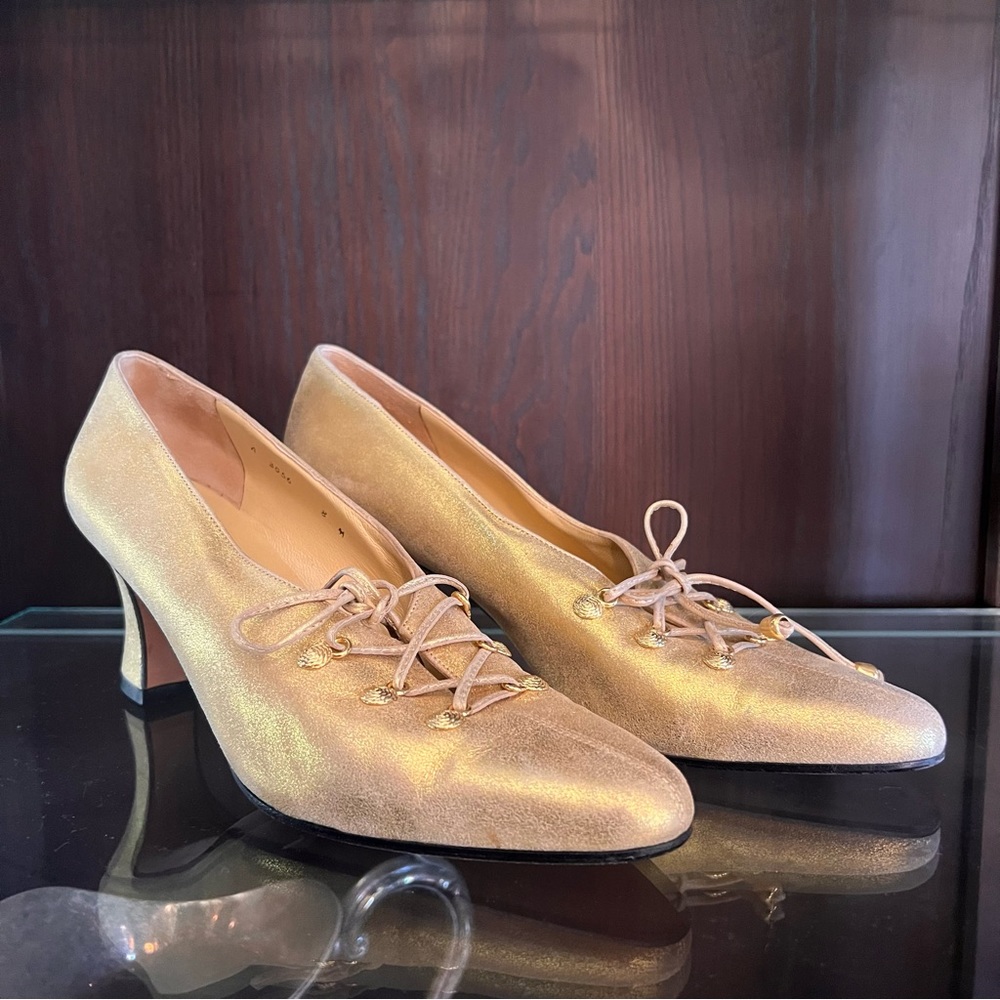 Gold Lace-Up Mid Heel Pumps - Women